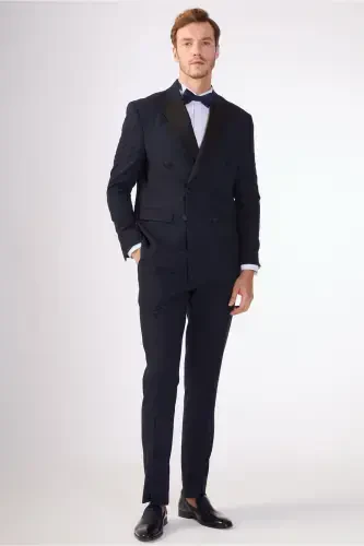 Navy Blue Men's Slim Fit Solid Point Collar Tuxedo Suit - 92385 - DUFY (1)