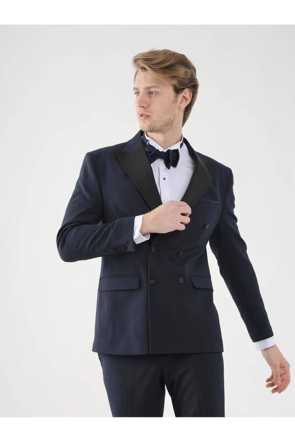 Navy Blue Men's Slim Fit Solid Point Collar Tuxedo Suit - 92385 - 9