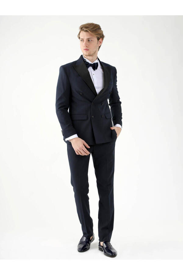 Navy Blue Men's Slim Fit Solid Point Collar Tuxedo Suit - 92385 - 12