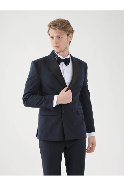 Navy Blue Men's Slim Fit Solid Point Collar Tuxedo Suit - 92385 - 1