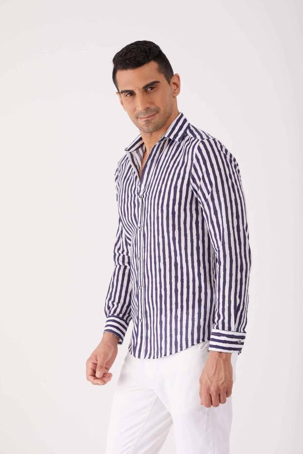 Navy Blue Men's Slim Fit Striped Brent Collar Long Sleeve Shirt - 84280 - 7