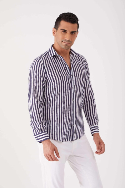 Navy Blue Men's Slim Fit Striped Brent Collar Long Sleeve Shirt - 84280 - 8