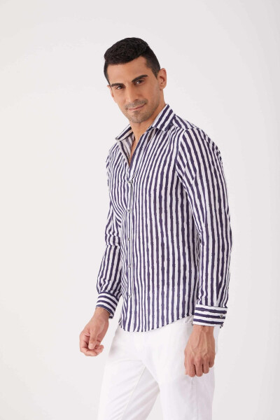 Navy Blue Men's Slim Fit Striped Brent Collar Long Sleeve Shirt - 84280 - 2