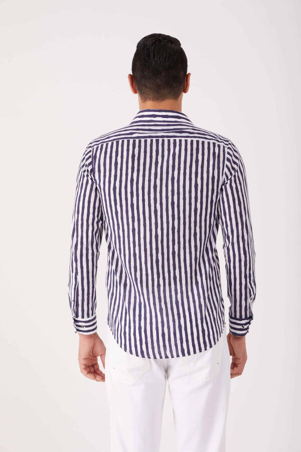 Navy Blue Men's Slim Fit Striped Brent Collar Long Sleeve Shirt - 84280 - 5