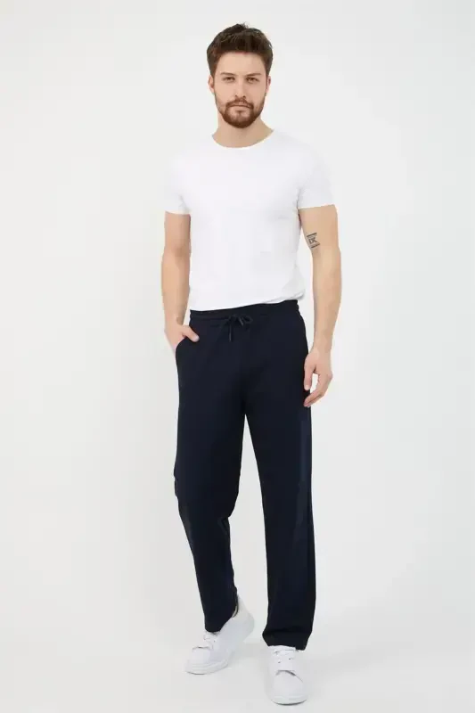 Navy Blue Men's Straight Leg Relaxed Fit Seasonal Premium Fabric Sweatpants-NAVY BLUE - 3