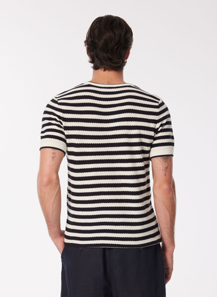 Navy blue men's striped sweater with a bicycle collar. - 5