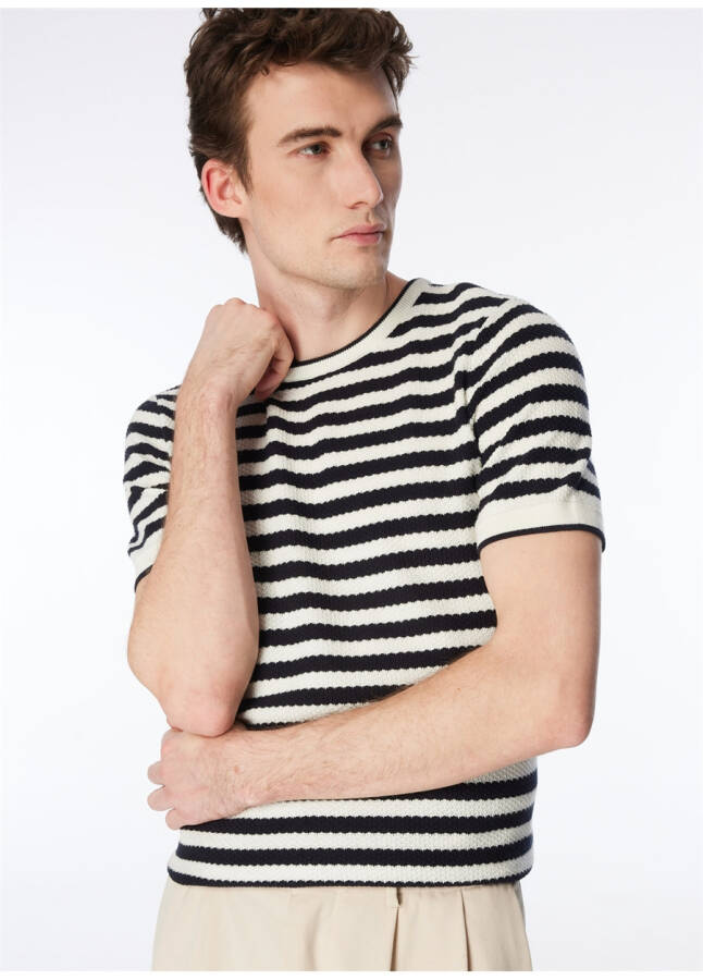 Navy blue men's striped sweater with a bicycle collar. - 8