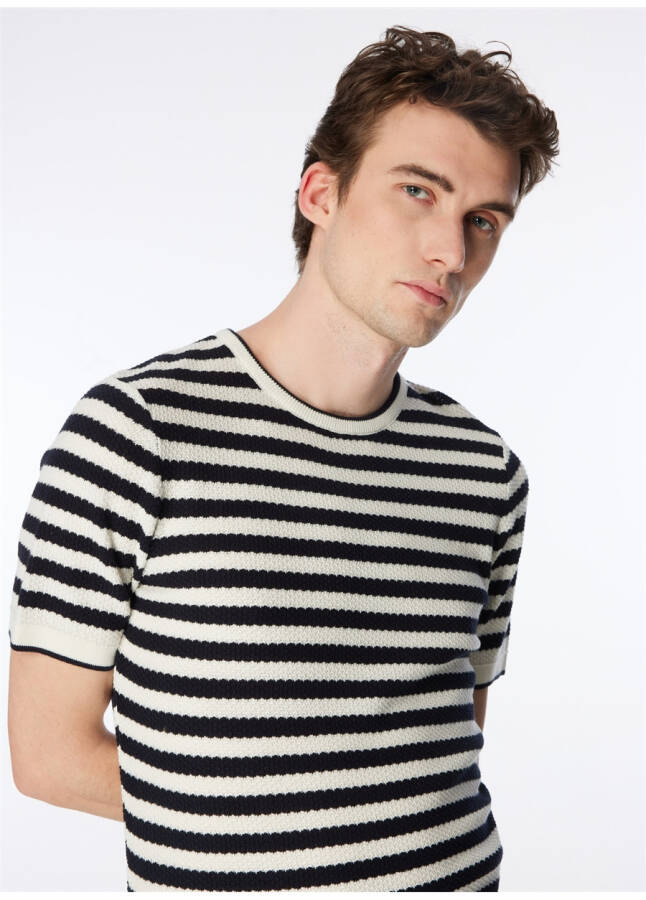 Navy blue men's striped sweater with a bicycle collar. - 9