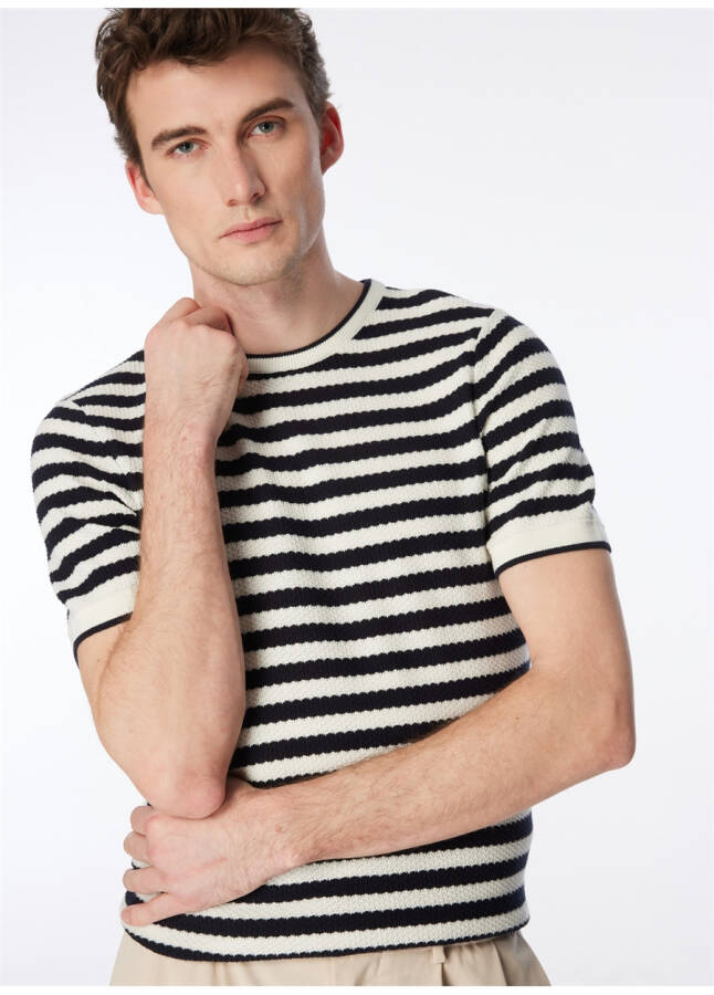 Navy blue men's striped sweater with a bicycle collar. - 11