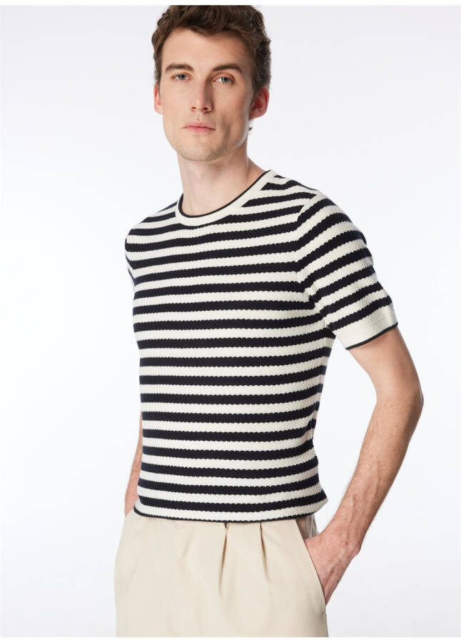 Navy blue men's striped sweater with a bicycle collar. - 12