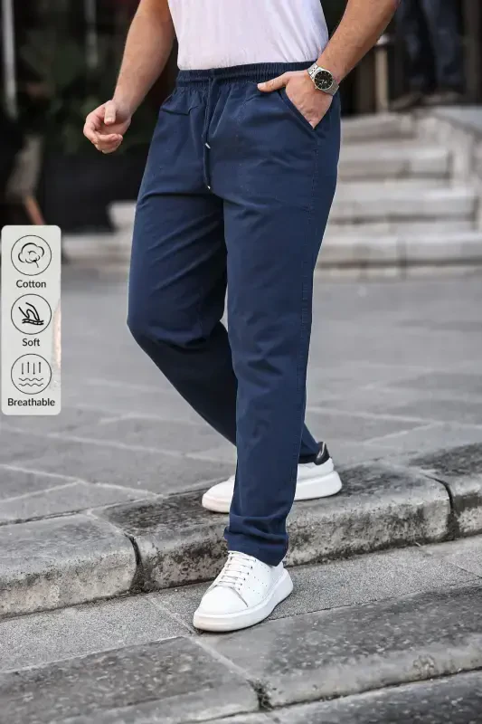 Navy Blue Men's Summer Linen Blend Relaxed Trousers - 1