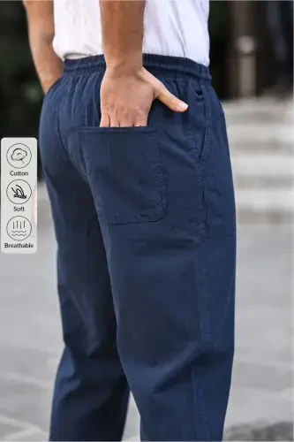 Navy Blue Men's Summer Linen Blend Relaxed Trousers - 3