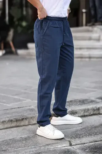 Navy Blue Men's Summer Linen Blend Relaxed Trousers - 5
