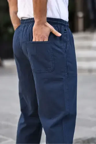 Navy Blue Men's Summer Linen Blend Relaxed Trousers - 6