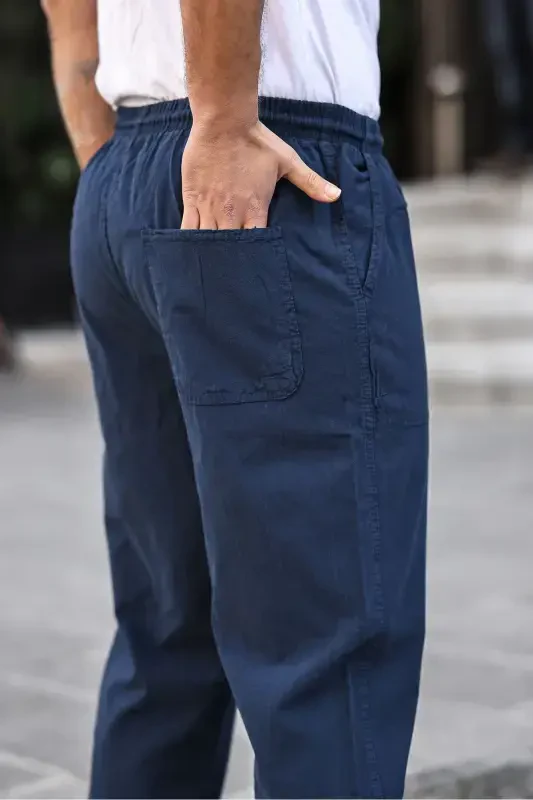 Navy Blue Men's Summer Linen Blend Relaxed Trousers - 6
