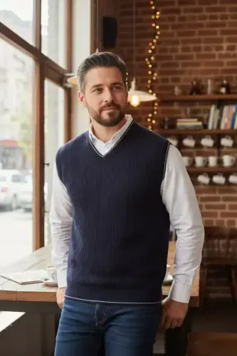 Navy Blue Men's V-Neck Knitted Anti-Pilling Sweater Regular Fit Cable Knit Pattern - Navy Blue - 1