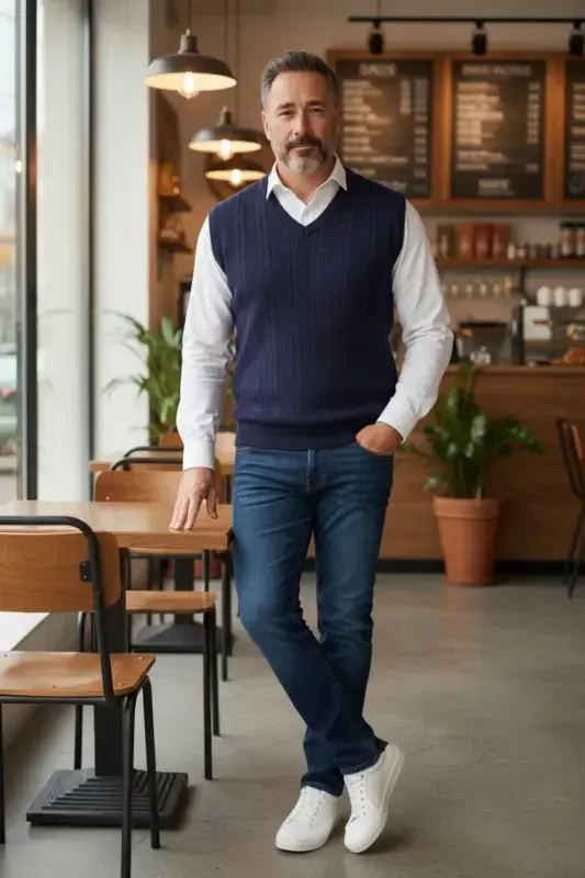 Navy Blue Men's V-Neck Knitted Anti-Pilling Sweater Regular Fit Cable Knit Pattern - Navy Blue - 3