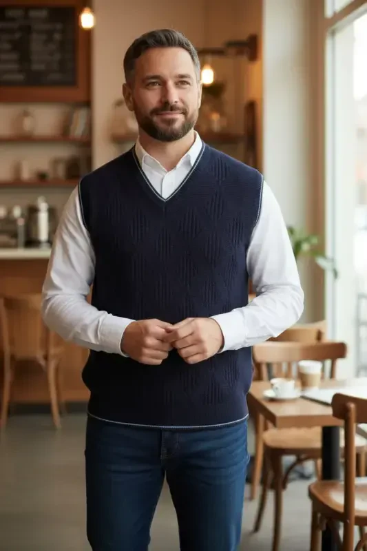 Navy Blue Men's V-Neck Knitted Anti-Pilling Sweater Regular Fit Cable Knit Pattern - Navy Blue - 4