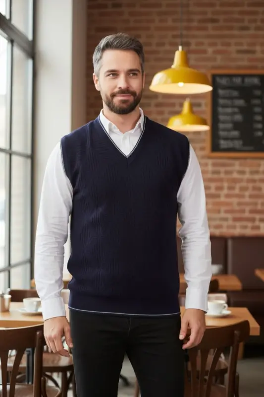 Navy Blue Men's V-Neck Knitted Anti-Pilling Sweater Regular Fit Cable Knit Pattern - Navy Blue - 6