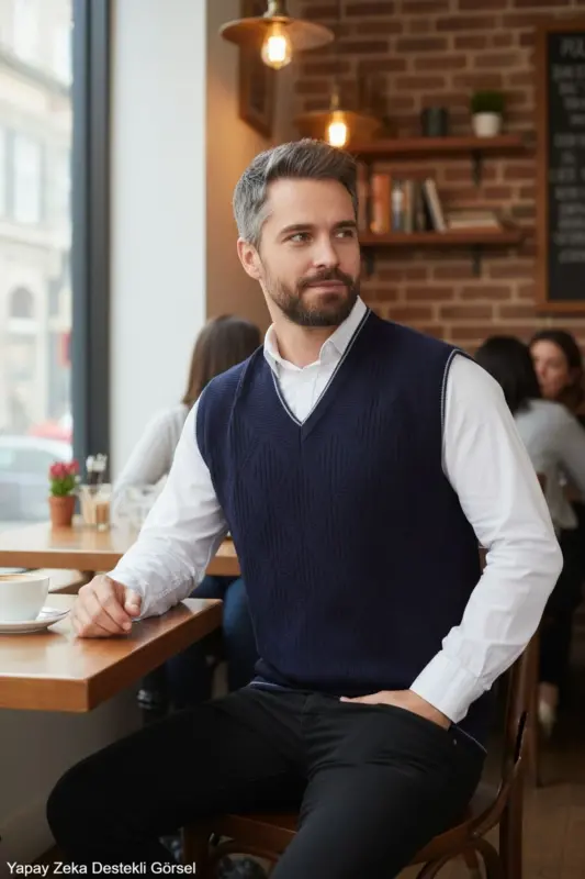 Navy Blue Men's V-Neck Knitted Anti-Pilling Sweater Regular Fit Cable Knit Pattern - Navy Blue - 1