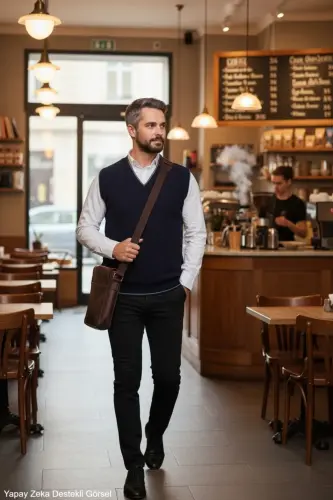 Navy Blue Men's V-Neck Knitted Anti-Pilling Sweater Regular Fit Cable Knit Pattern - Navy Blue - 4