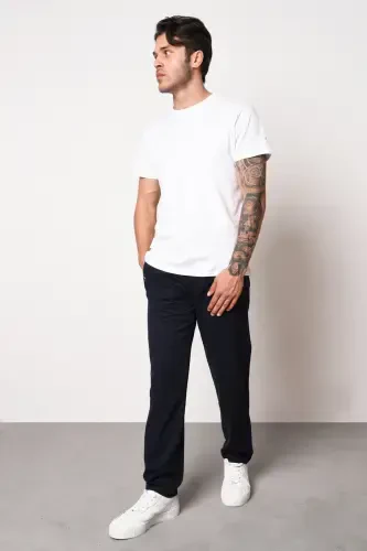 Navy Blue Men's Zipper Pocket Embroidered Detail Straight Leg Relaxed Fit Sweatpants-NAVY - 3