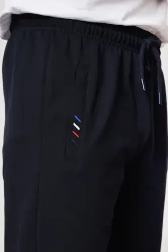 Navy Blue Men's Zipper Pocket Embroidered Detail Straight Leg Relaxed Fit Sweatpants-NAVY - 4