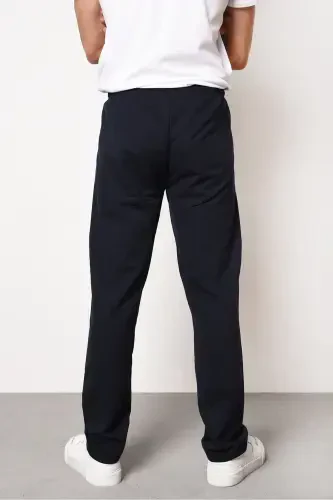 Navy Blue Men's Zipper Pocket Embroidered Detail Straight Leg Relaxed Fit Sweatpants-NAVY - 5