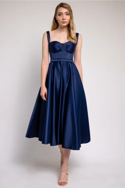 Navy Blue Midi Satin Evening and Prom Dress - Modazone