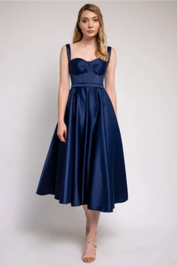 Navy Blue Midi Satin Evening and Prom Dress - 1