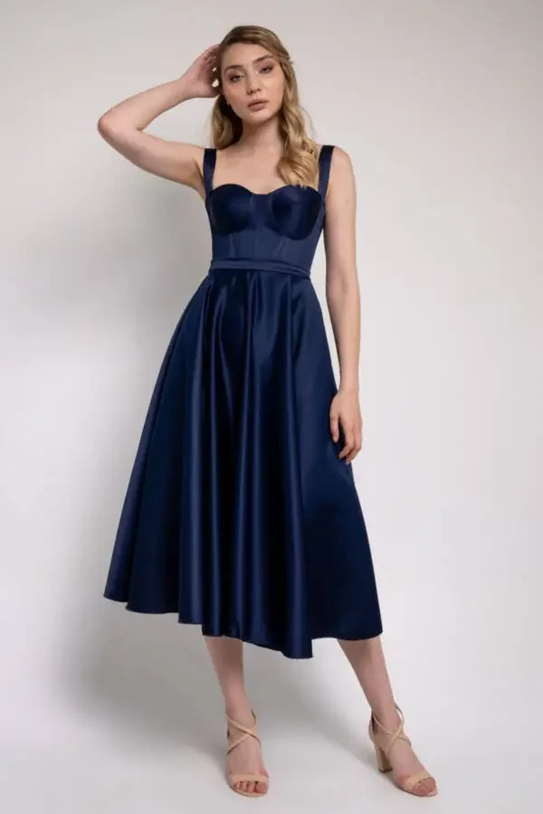 Navy Blue Midi Satin Evening and Prom Dress - 2