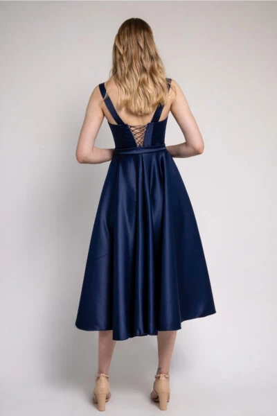 Navy Blue Midi Satin Evening and Prom Dress - 3