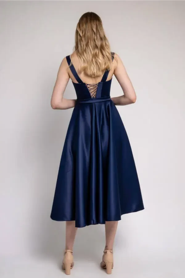 Navy Blue Midi Satin Evening and Prom Dress - 3