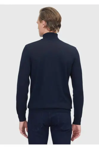Navy Blue Mock Neck Plain Knit Wool Blend Sweater - Navy Blue - 5