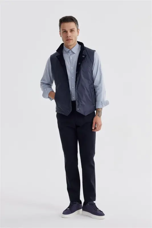 Navy Blue Notched Collar Double Breasted Slim Fit Vest - 5