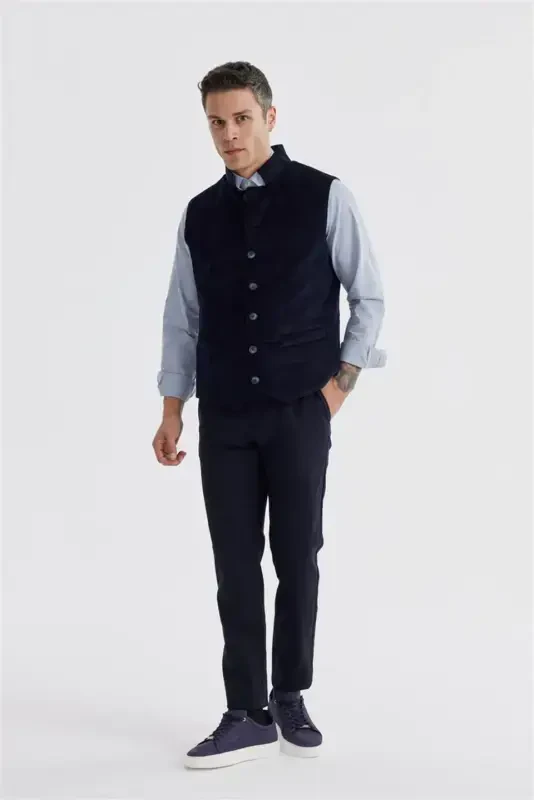 Navy Blue Notched Collar Double Breasted Slim Fit Vest - JAKAMEN