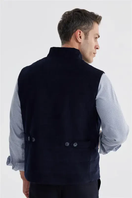 Navy Blue Notched Collar Double Breasted Slim Fit Vest - 4