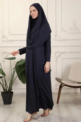 Navy Blue One-Piece Easy-to-Wear Self-Hijab Prayer Dress-Navy Blue - 3