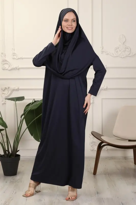 Navy Blue One-Piece Easy-to-Wear Self-Hijab Prayer Dress-Navy Blue - 7