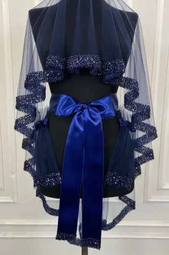 Navy Blue Orchid Bridal Veil Set, Water Stone Henna Veil Set 6 Pieces - Navy Blue - 4