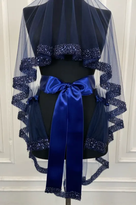 Navy Blue Orchid Bridal Veil Set, Water Stone Henna Veil Set 6 Pieces - Navy Blue - 4