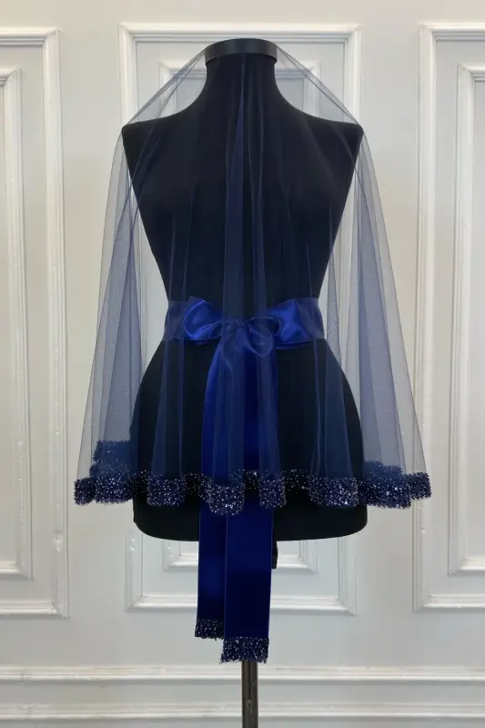 Navy Blue Orchid Bridal Veil Set, Water Stone Henna Veil Set 6 Pieces - Navy Blue - 7