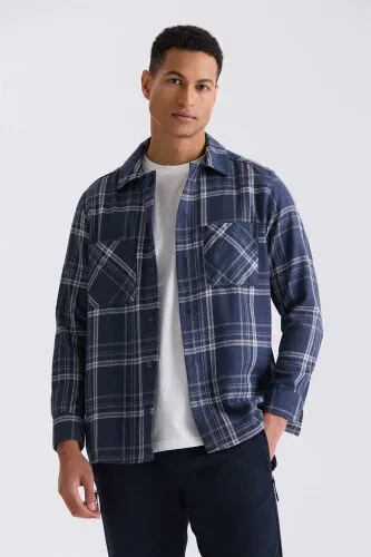 Navy Blue Oversized Loose Fit Plaid Pattern Cotton Pocket Lumberjack Shirt 