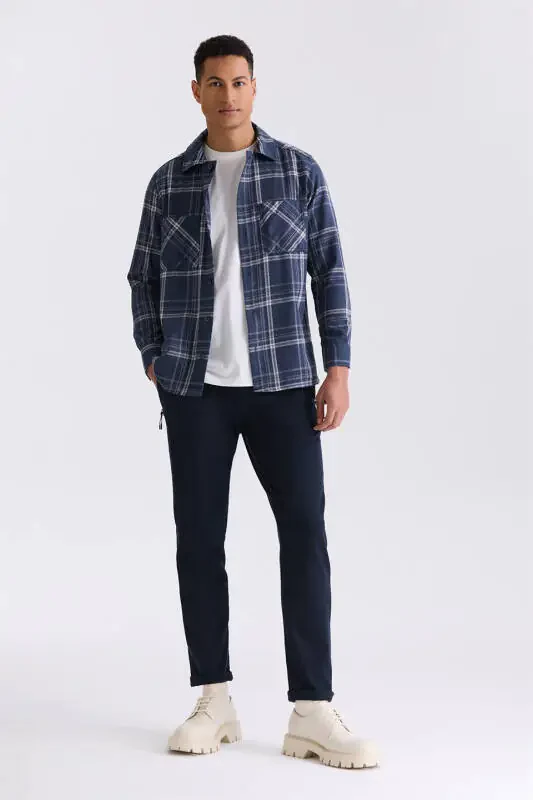 Navy Blue Oversized Loose Fit Plaid Pattern Cotton Pocket Lumberjack Shirt - 2