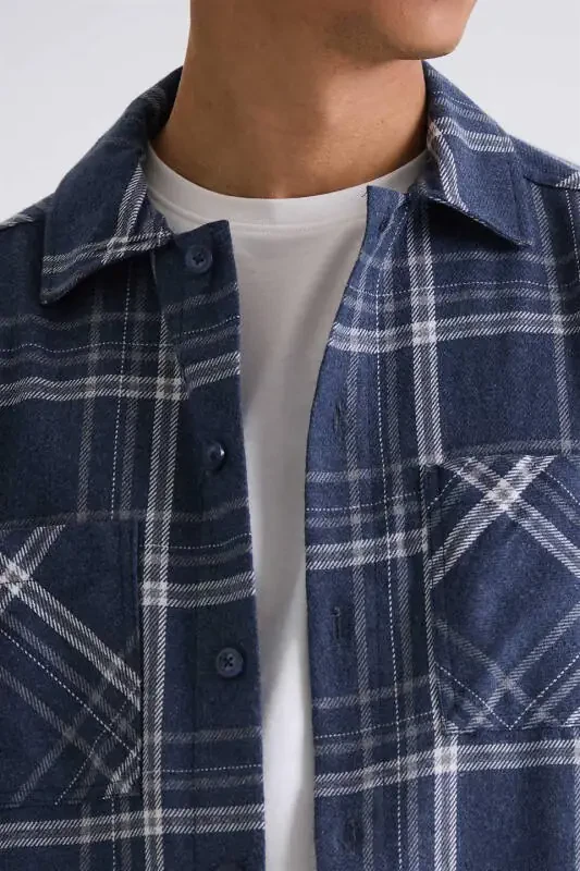 Navy Blue Oversized Loose Fit Plaid Pattern Cotton Pocket Lumberjack Shirt - 3