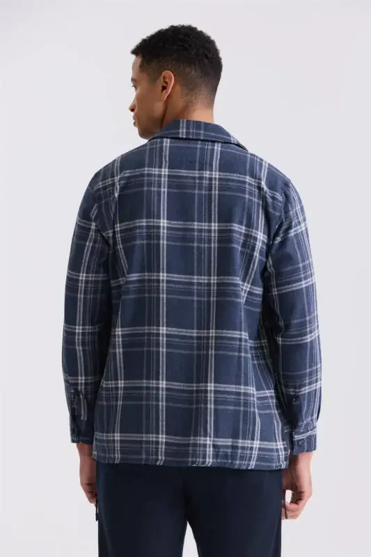 Navy Blue Oversized Loose Fit Plaid Pattern Cotton Pocket Lumberjack Shirt - 4