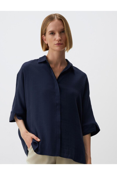 Navy Blue Oversized Truvkar Shirt with Slit Sleeves - 19