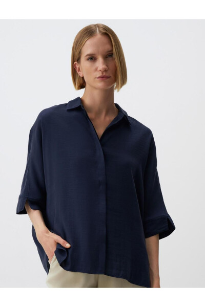 Navy Blue Oversized Truvkar Shirt with Slit Sleeves - 1