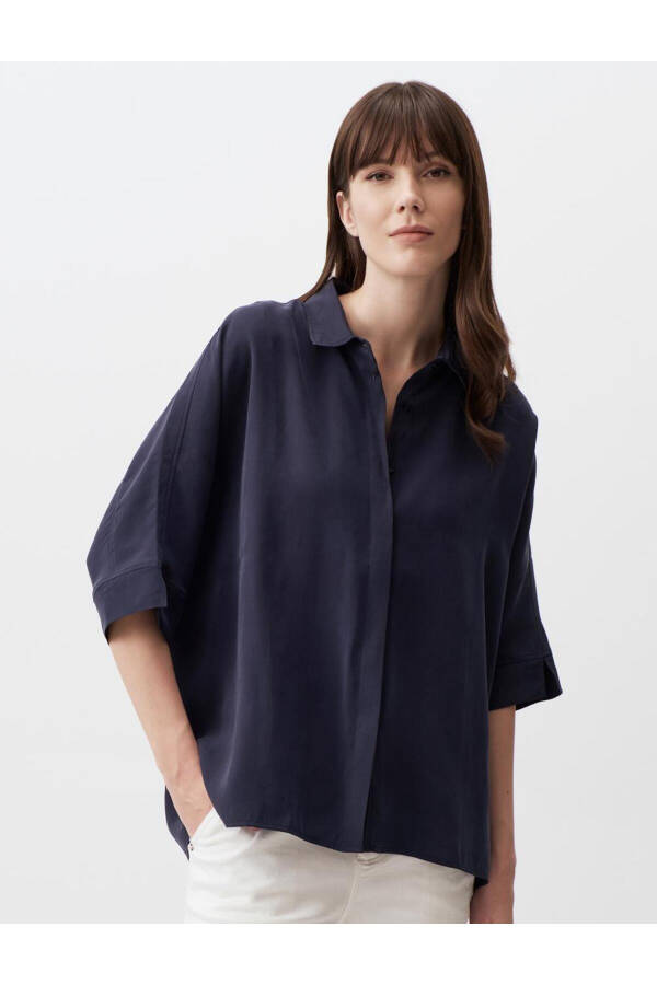 Navy Blue Oversized Truvkar Shirt with Slit Sleeves - 25