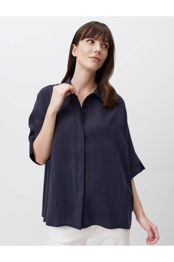 Navy Blue Oversized Truvkar Shirt with Slit Sleeves - 26